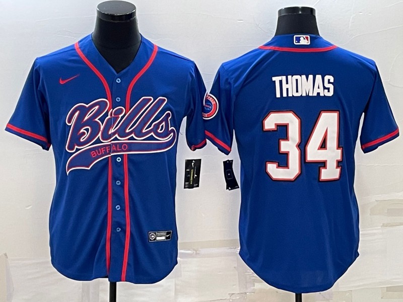 Men's Buffalo Bills #34 Thurman Thomas Royal With Patch Cool Base Stitched Baseball Jersey